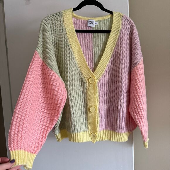 Princess Polly Naomi Cardigan Sweater XS/S Oversized Colorblock Yellow Pink - Picture 1 of 12